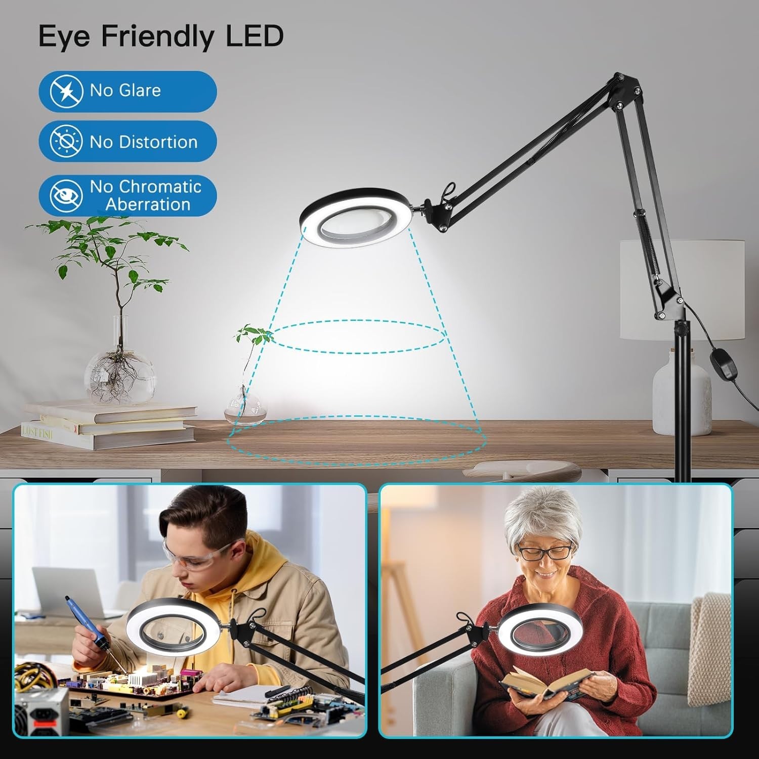 ZABOUL 10X Magnifying Floor Lamp, 3-in-1 Hands Free Magnifying Glass with Light