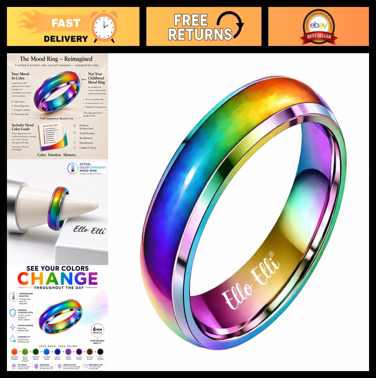 Mood Ring Color Changing 6mm Stainless Steel Comfort Fit Band for Men & Women