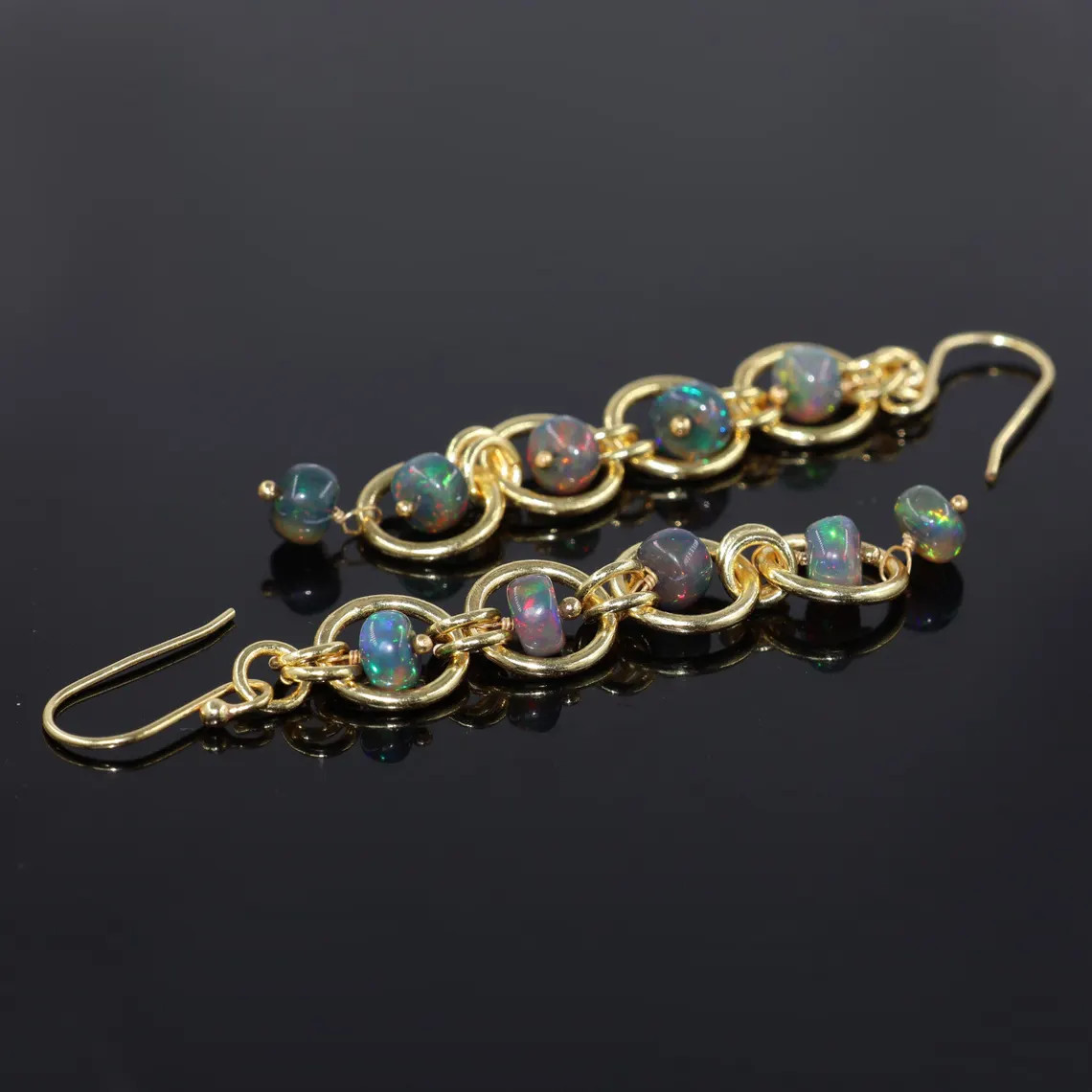 Black Ethiopian opal Chain link dangle handmade Earrings jewelry Gift 18k gold