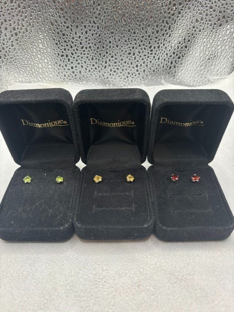 Lot of 3 Vintage Stud Earrings Set Green Yellow Red