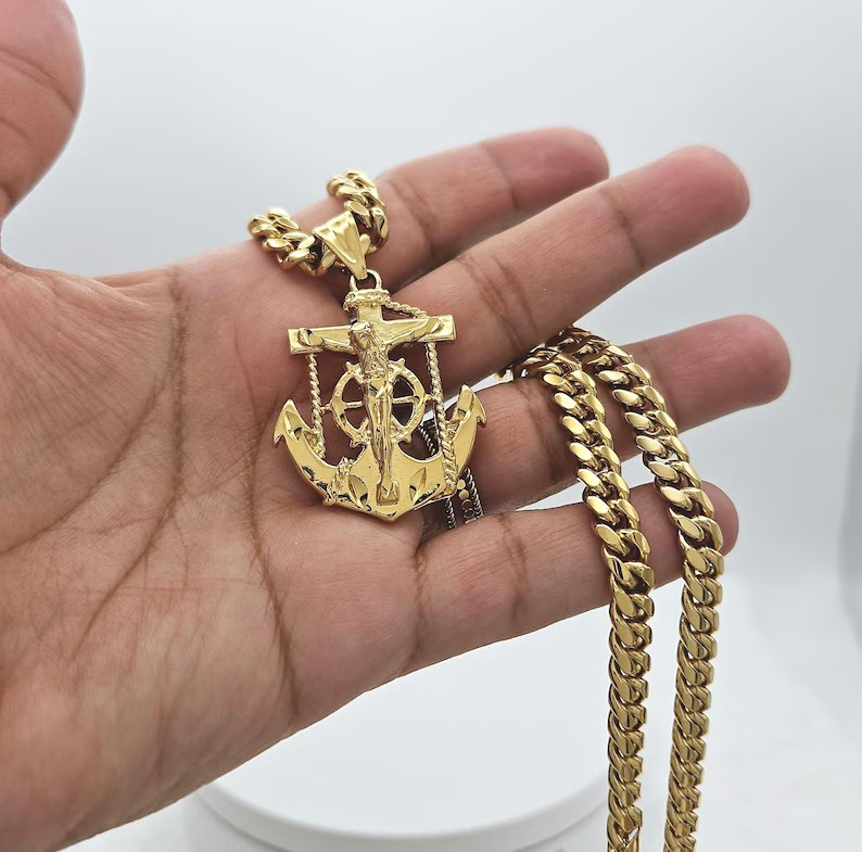 Gold Anchor Jesus Necklace, 14k Gold Plated, 7mm Curb Chain, No Fade