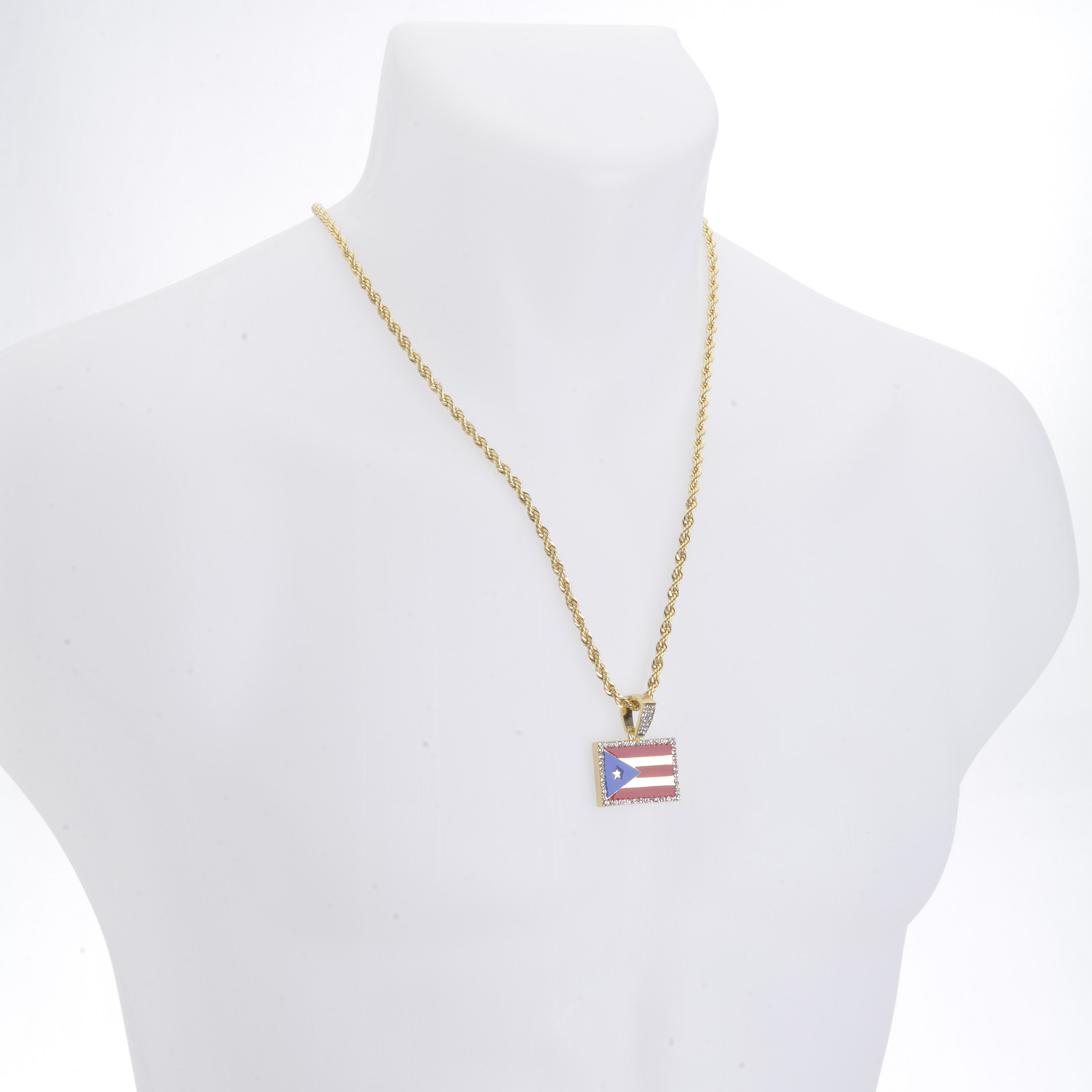 Men’s Gold Tone Iced Bling Puerto Rico Flag Pendant 24″ Chain Necklace HC 1046 G