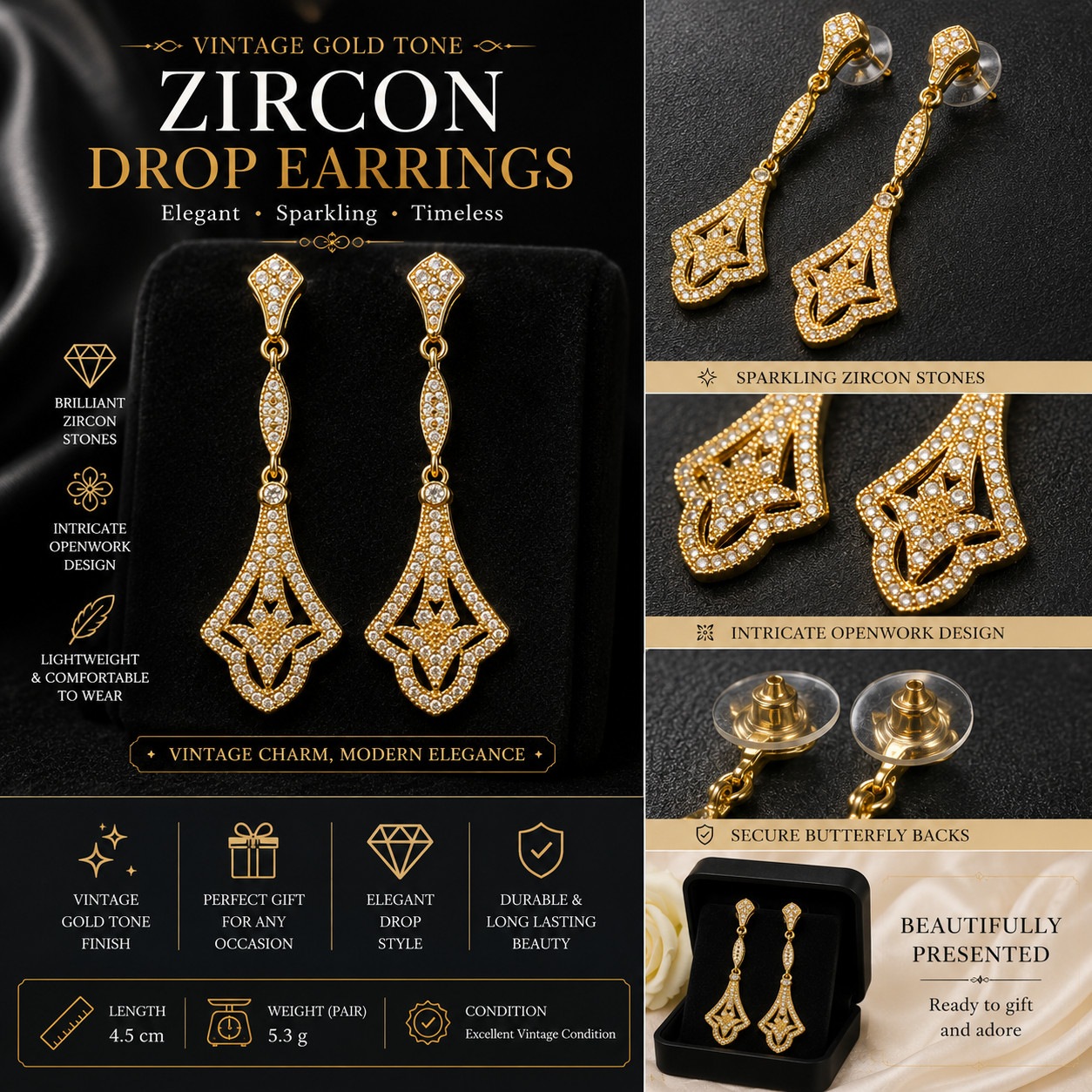 Vintage Gold Tone Zircon Drop Earrings Elegant Dangle Bridal Party Statement Gif
