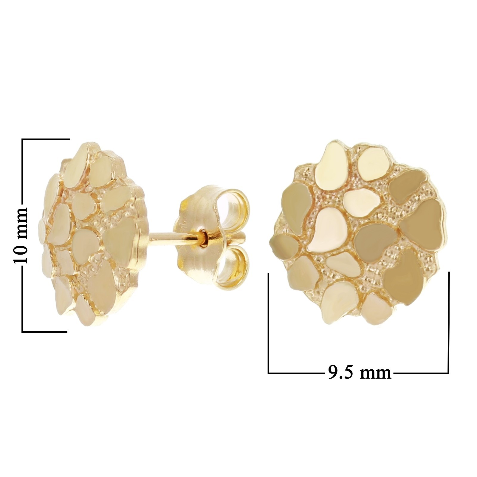 14k Yellow Gold Diamond Cut Nugget Round Stud Earrings 10mm x 9.5mm 1.3 grams