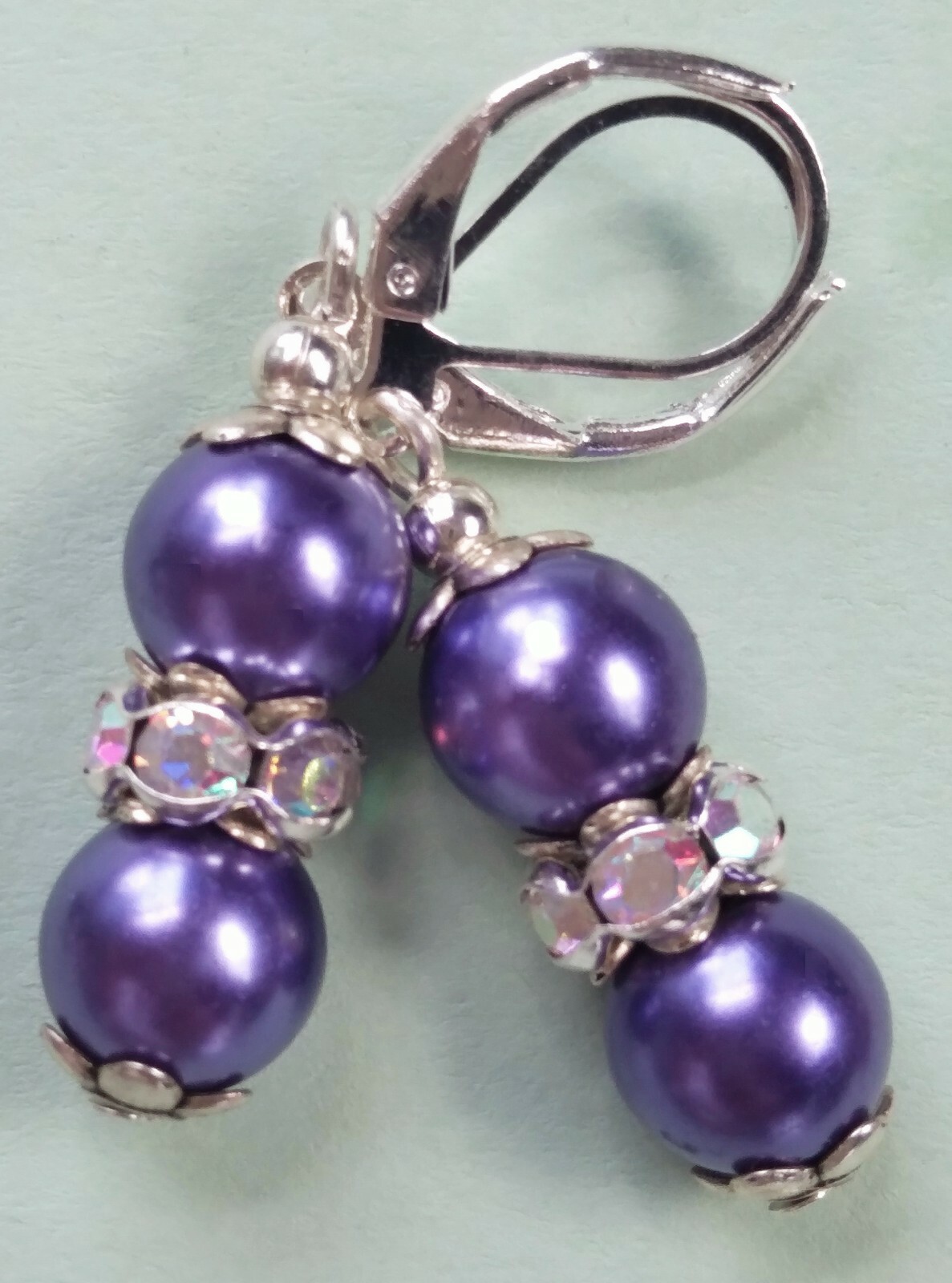 PURPLE GLASS PEARL & Crystal earring SP Leverback handcrafted #400-1
