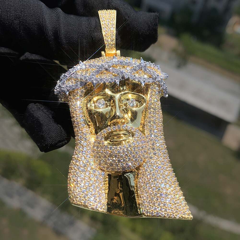 Hip Hop Jesus Face Pendant Necklace Full Zircon 18K Gold Plated Religion Jewelry