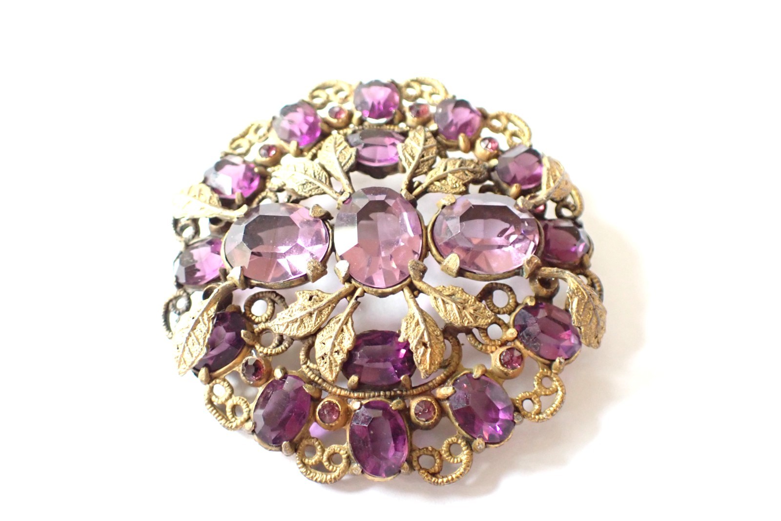 Vintage Czech Gold Tone Filigree Brooch W/ Purple Open Back Rhinestones Paste