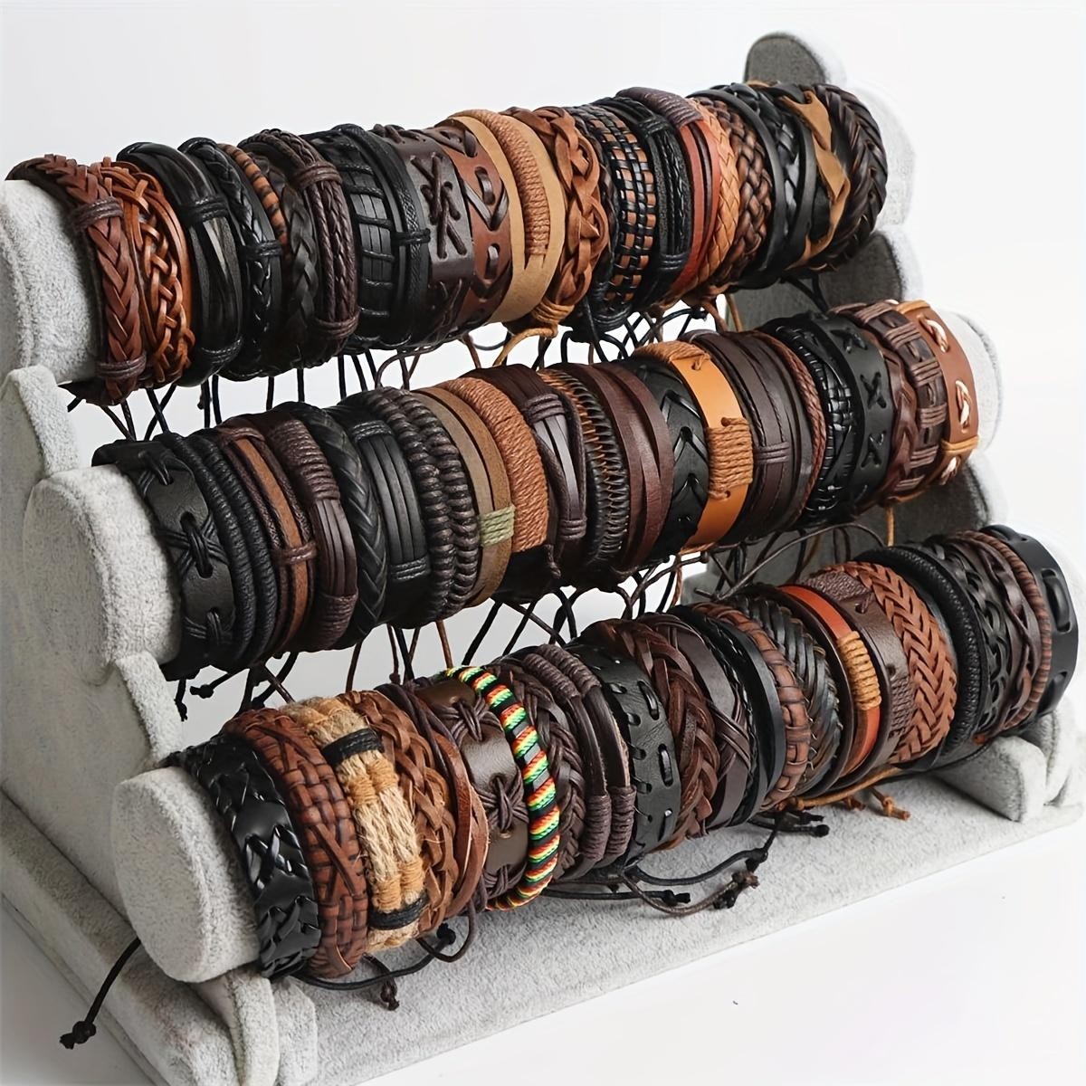 20pcs Braided Leather Bracelets, Wrap Cuff with Wood Beads Hemp for Men & Women