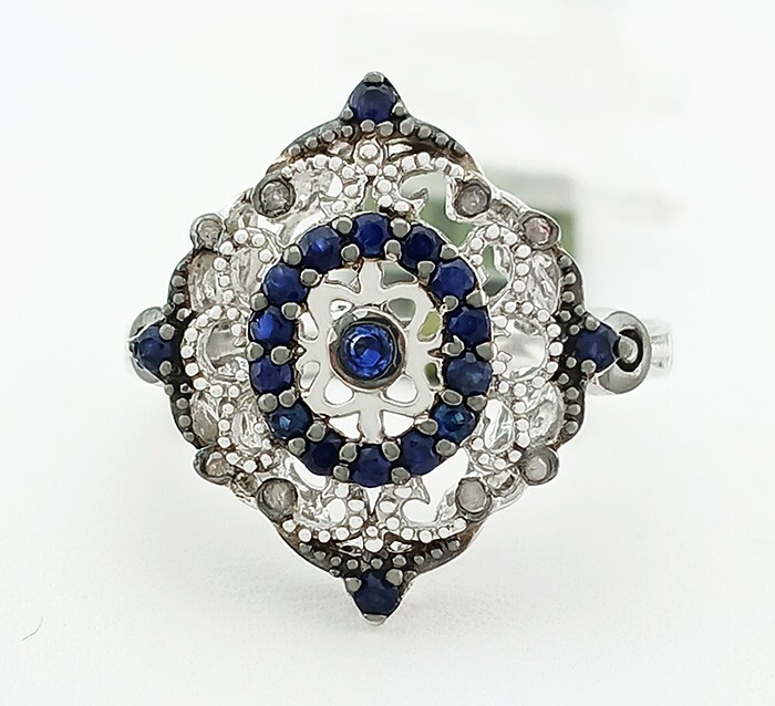 GENUINE 0.27 Cts BLUE SAPPHIRE & DIAMOND RING .925 Sterling Silver NWT SIZE 7.25