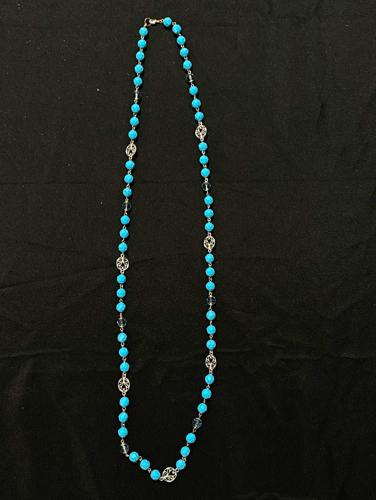 Blue Round Beaded Strand Necklace with Silver-Tone Spacers, Ball/Bead Chain