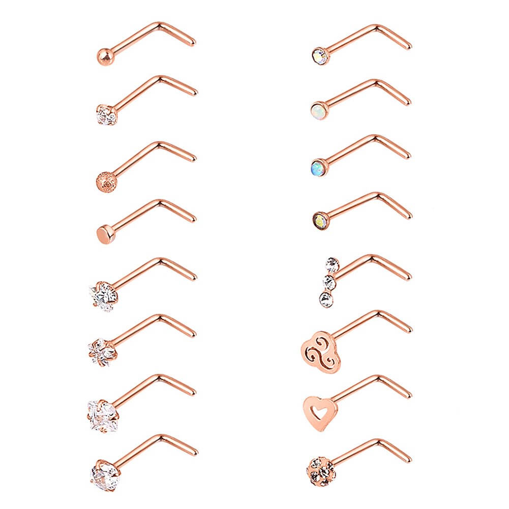 16Pcs Curved Nose Stud Surgical Steel Nose Ring Crystal L Bend Stud Piercing 20G
