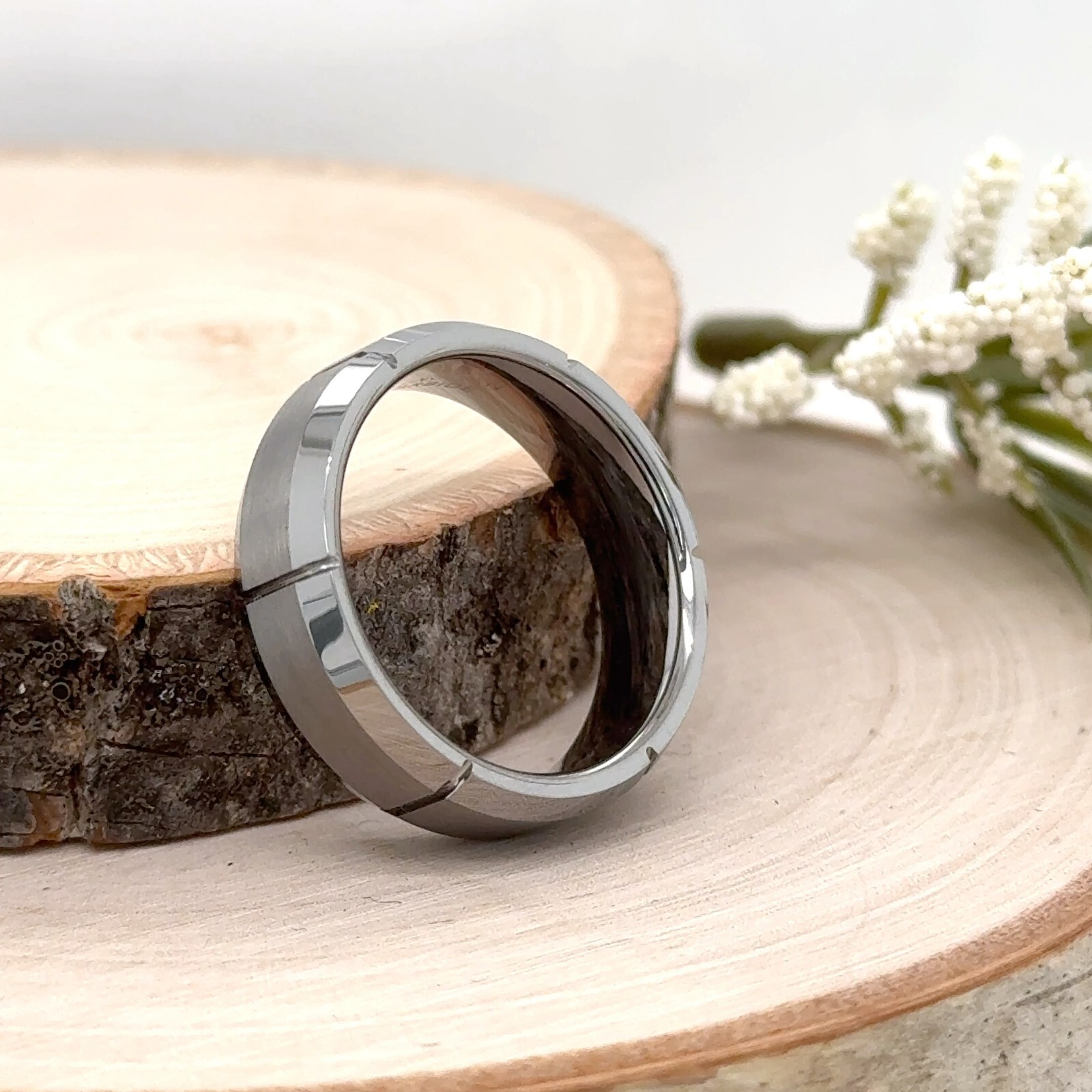 High Polished Edge Unisex Engraved Band Satin Brushed 7MM Silver Tungsten Ring