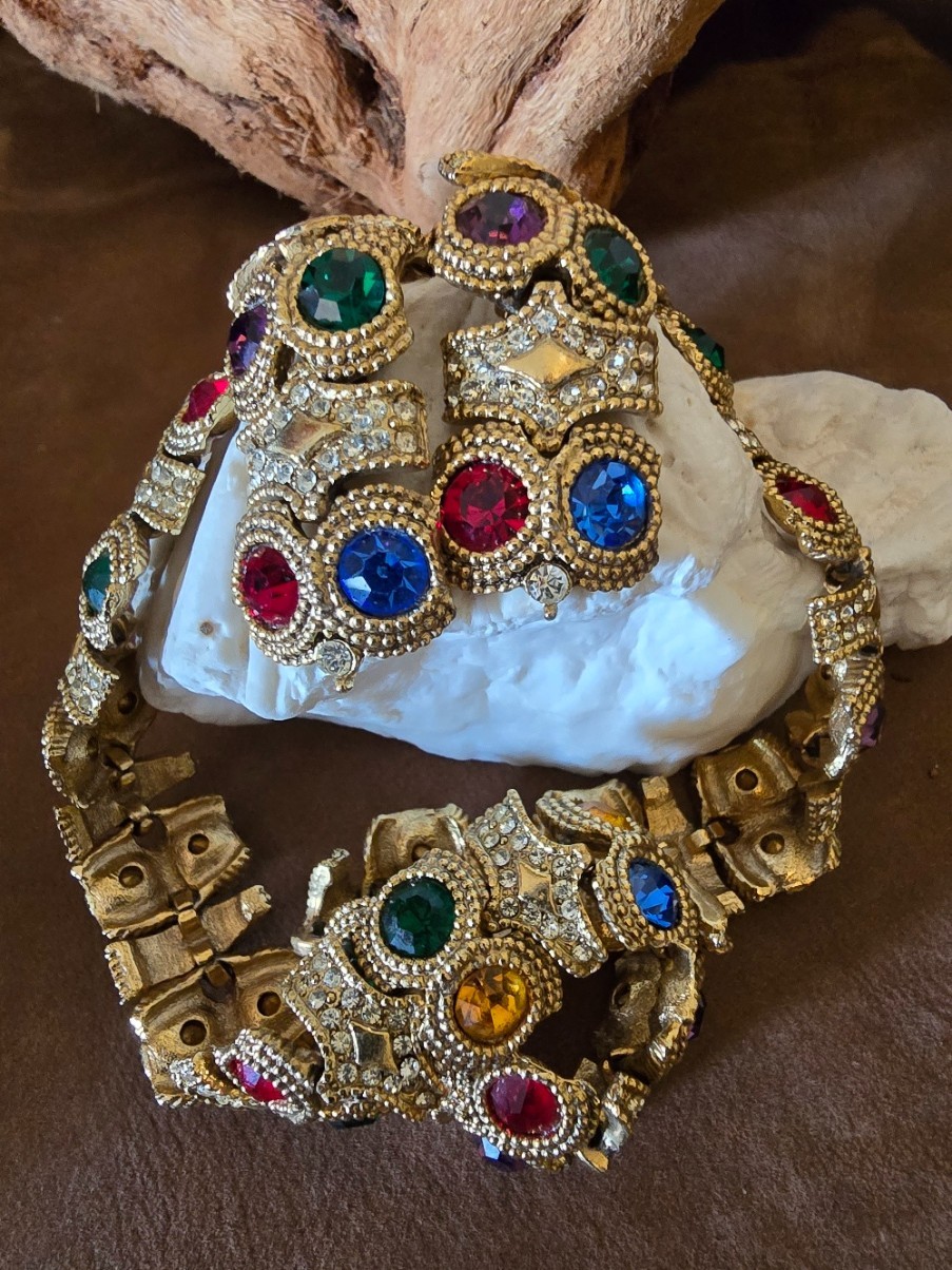 Vintage Unsigned Rhinestone Necklace & Clip Earring Set Multicolor Gold Tone