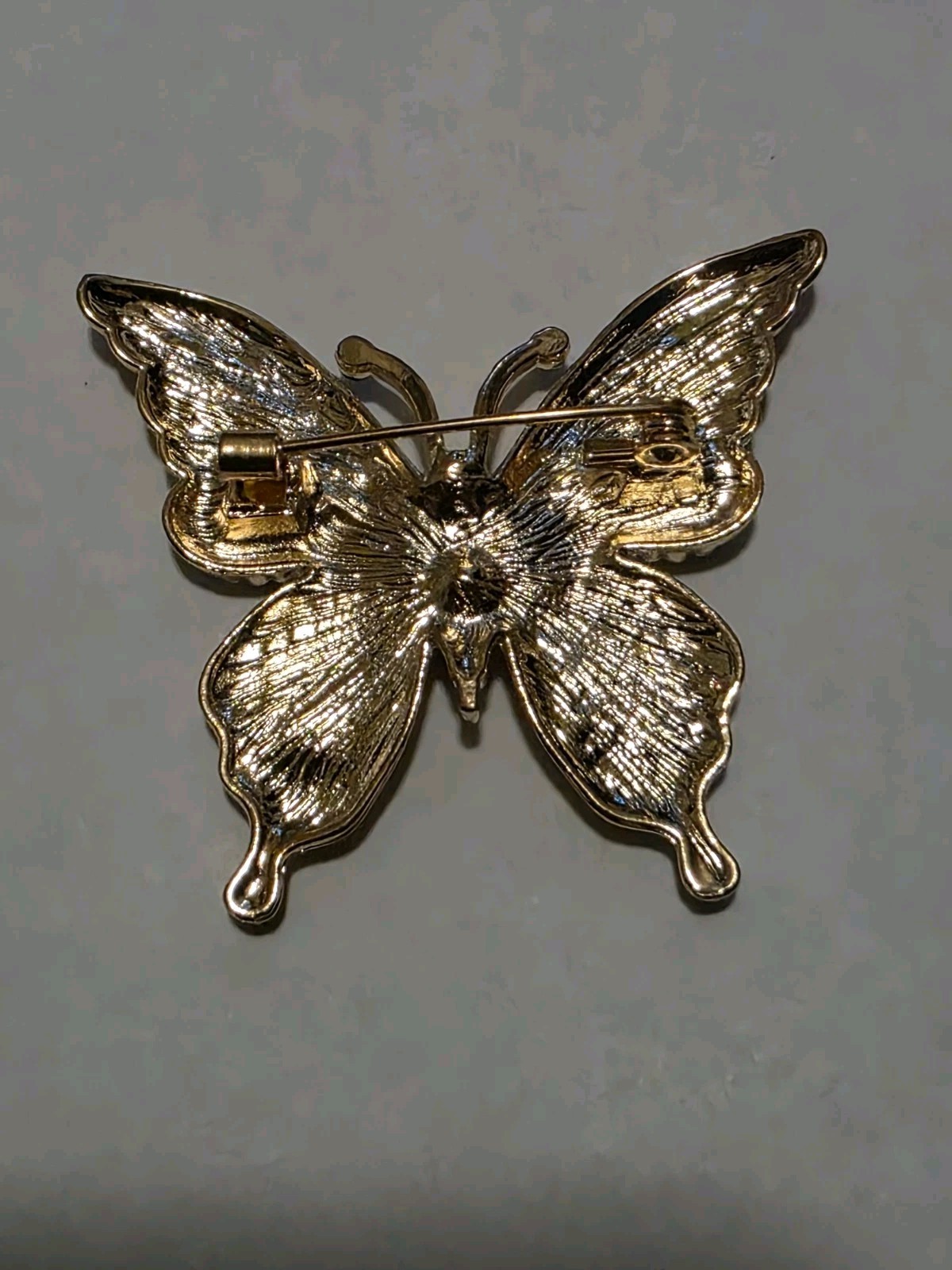 Gold Tone Butterfly Brooch Pin Green & Orange Enamel w/ Clear Rhinestones 2 in