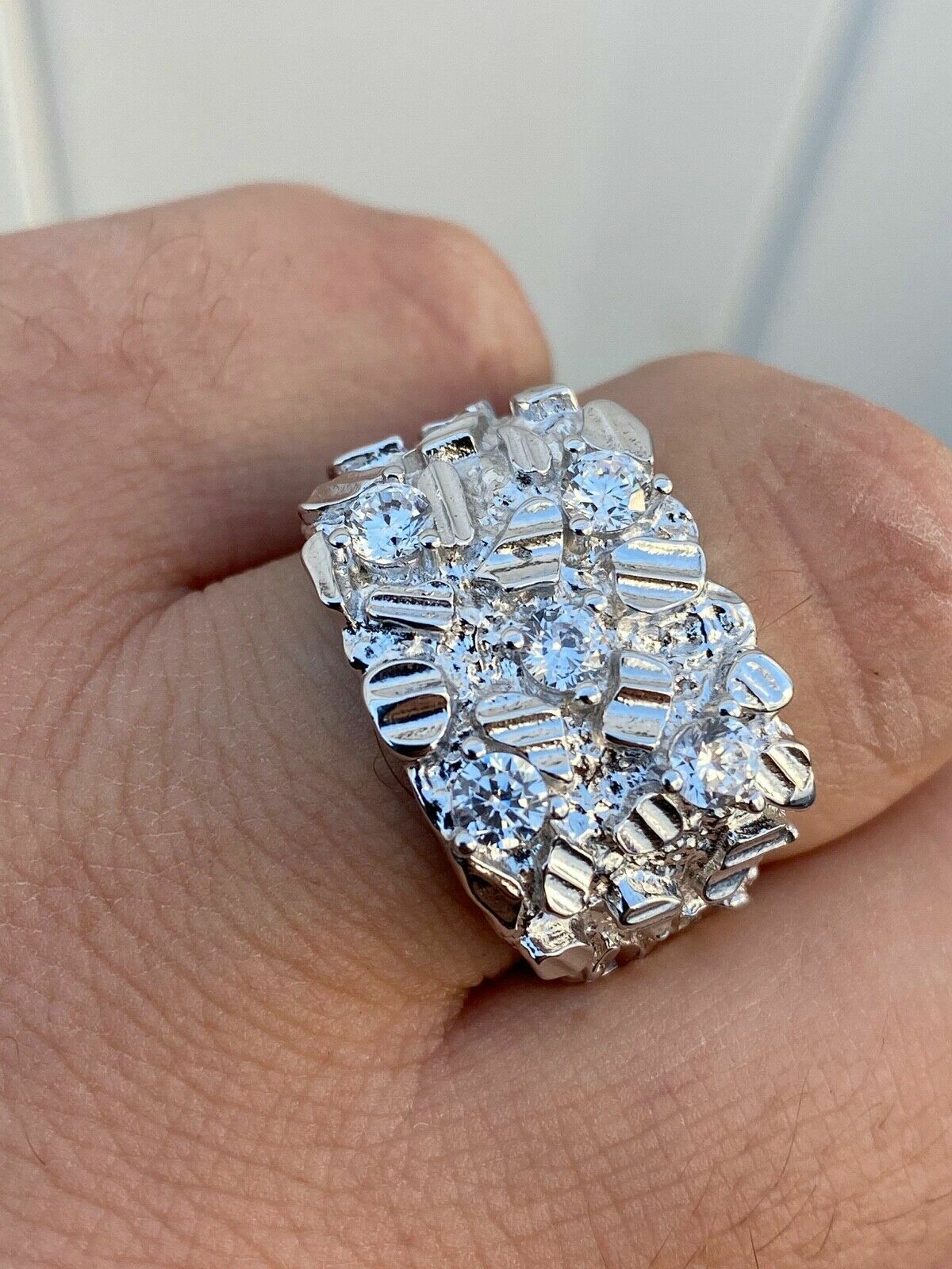 Mens REAL Solid 925 Sterling Silver Iced Nugget Ring Hip Hop CZ