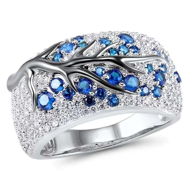 Tree Of Life Ring Full Of Shiny Zircon Elegant Alloy Ring – New – Blue Size 5