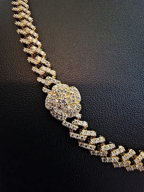 18-inch Moissanite Monaco chain with rose embellishment 14k over 925-25grams-7mm
