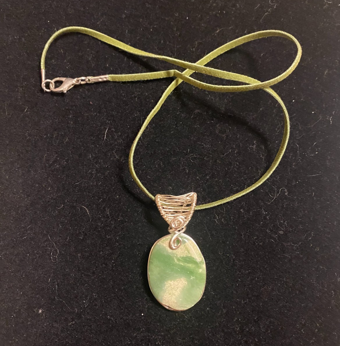 Green & Cream Colored Jade Oval Cabochon Silver Wire Wrap Pendant Suede Band