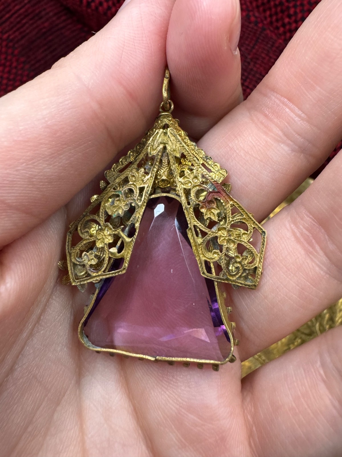 RARE Vintage Czech Amethyst Glass Filigree Flower Triangle Pendant Art Deco 50s