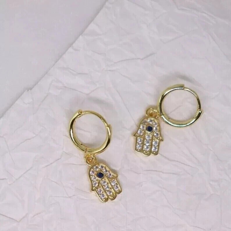 Drop Humsa Hand Earrings 14k Yellow Gold Plated 2Ct Round Cut Simulated Diamond