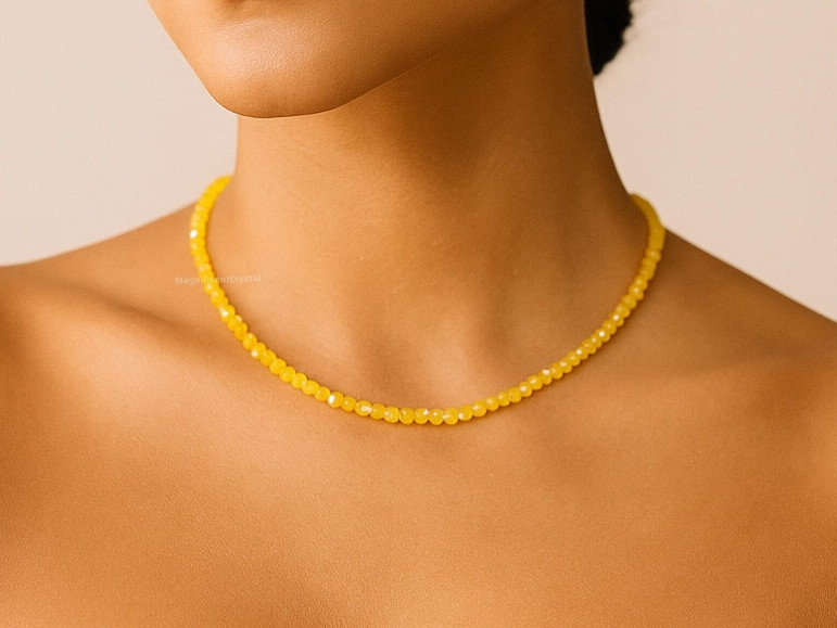Dainty Citrine Beaded Necklace Yellow Crystal Choker November Birthstone Gift