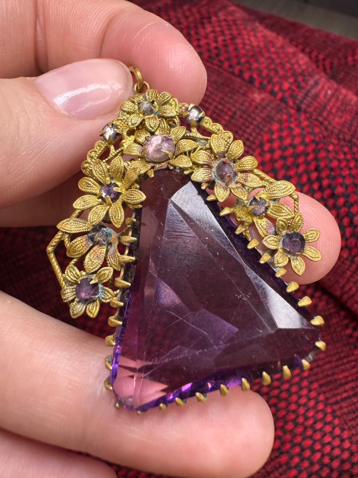 RARE Vintage Czech Amethyst Glass Filigree Flower Triangle Pendant Art Deco 50s