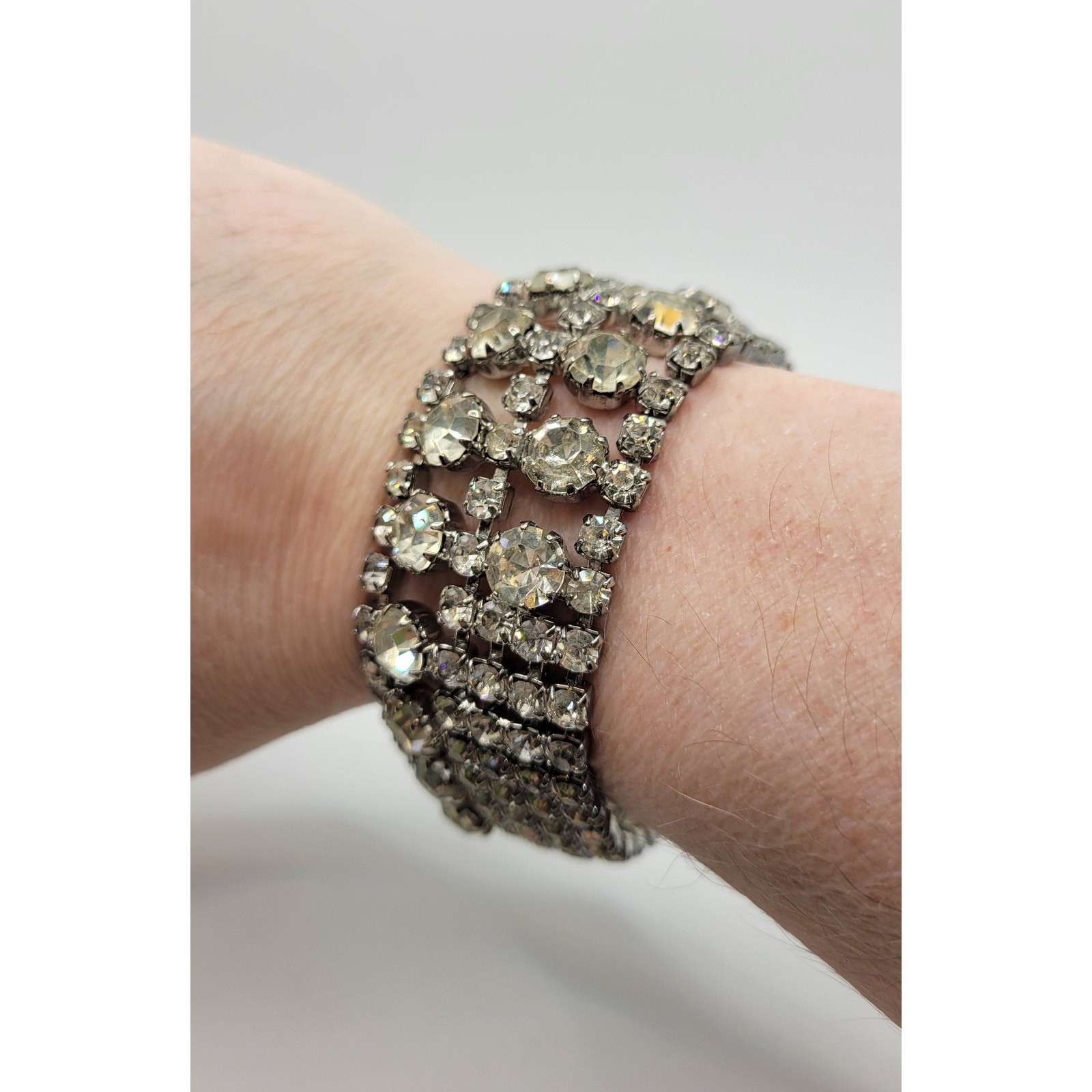 Vintage Weiss Rhinestone Wide Bracelet Rhodium Plated 1950s Mid-Century Glam