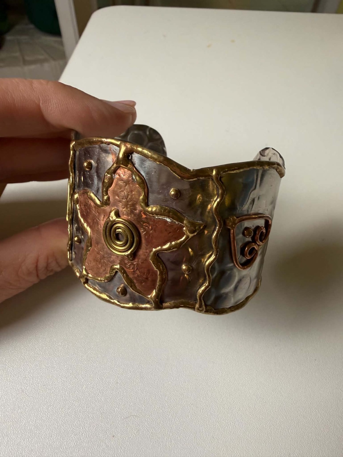 Handmade Mixed Metal Artisan Cuff Bracelet Copper Brass Silver Tone Boho Wide