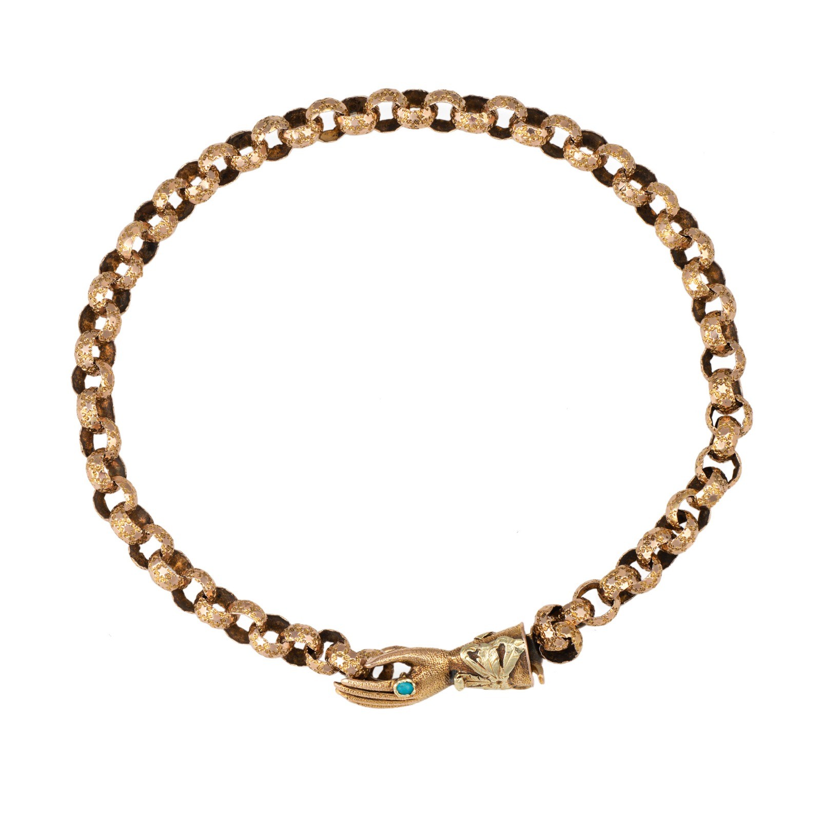 Antique Georgian Hand Clasp Bracelet 14k Yellow Gold Star Belcher Links 8″