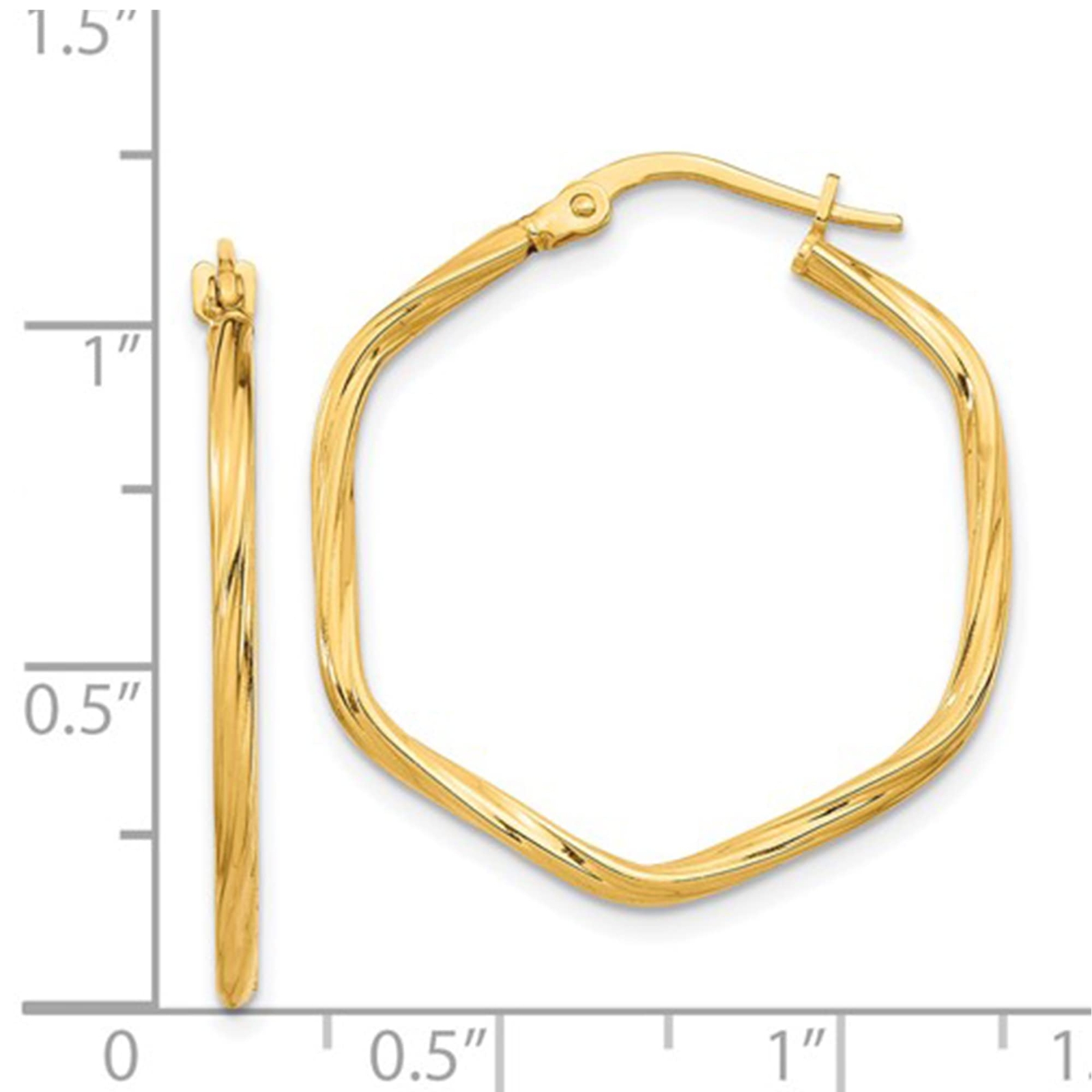 14K Yellow Gold 1x1mm Textured Twist Hexagon Hoop Earrings