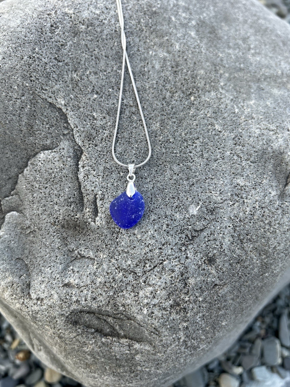 Genuine Sea Glass Necklace Cobalt Blue Snake Chain 18 Inch