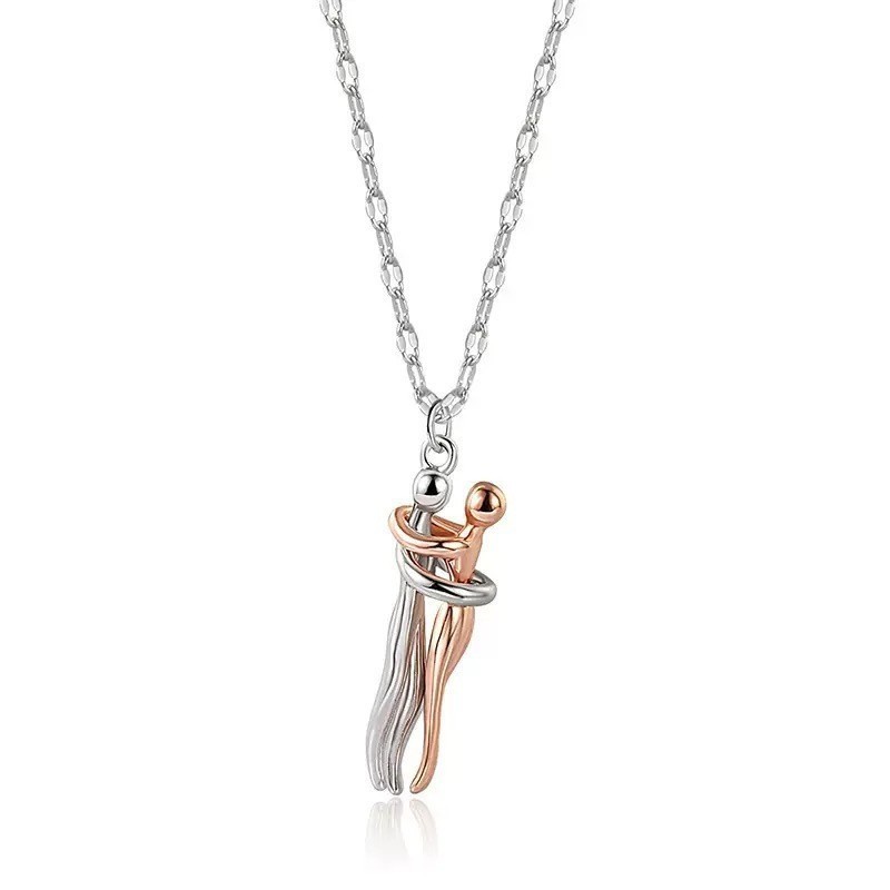925 Sterling Silver Hugging Couple Pendant Necklace Two Tone Romantic Gift