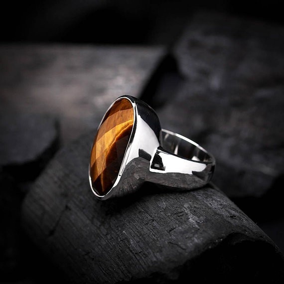 Solid 925 Sterling Silver Natural Brown Tiger’s Eye Gemstone Men’s Unisex Ring