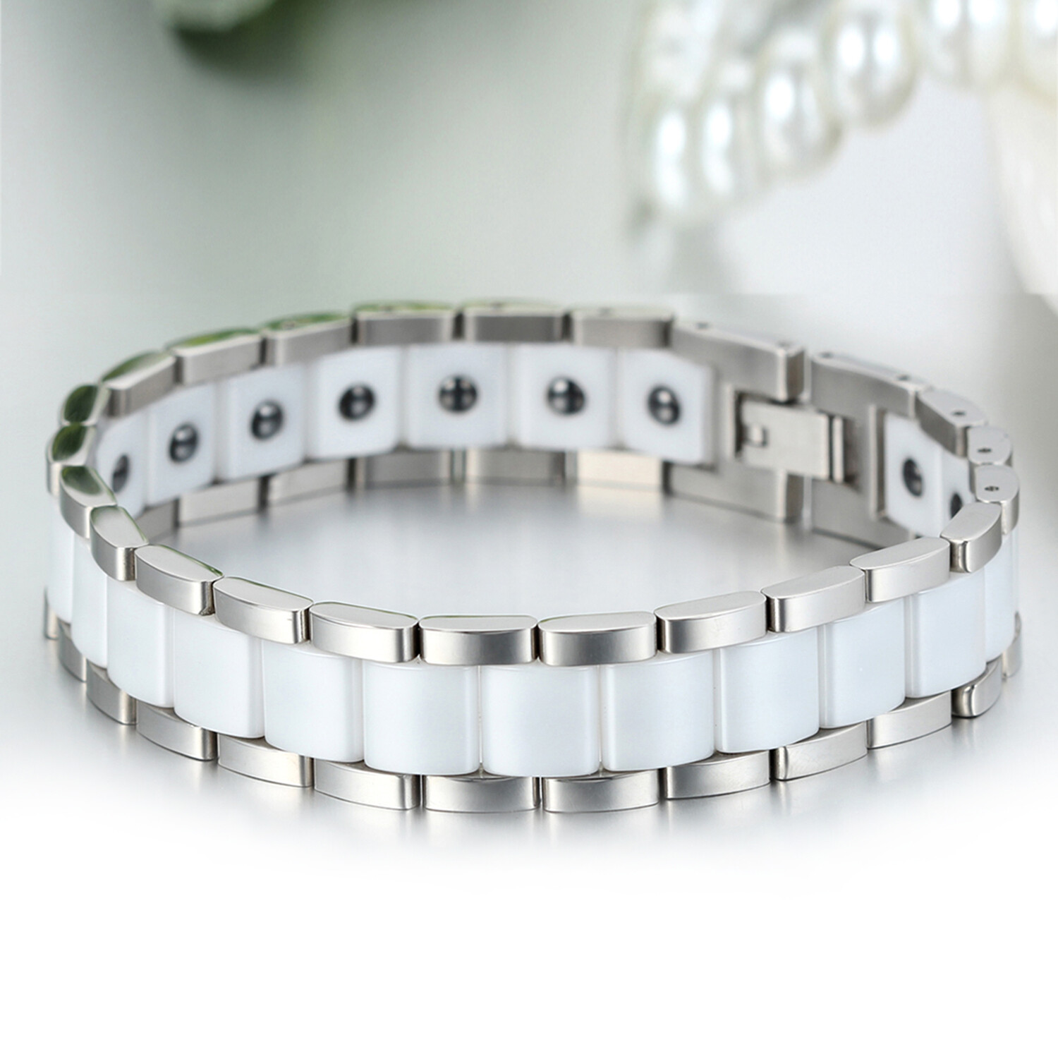 Men’s Wide Ceramic Link Stainless Steel Health Power Therapy Magnetic Bracelet
