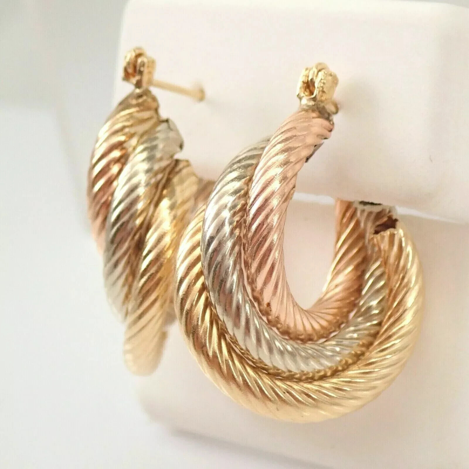 14K Yellow Rose White Gold Plated Silver TRI COLOR Hoop Earrings
