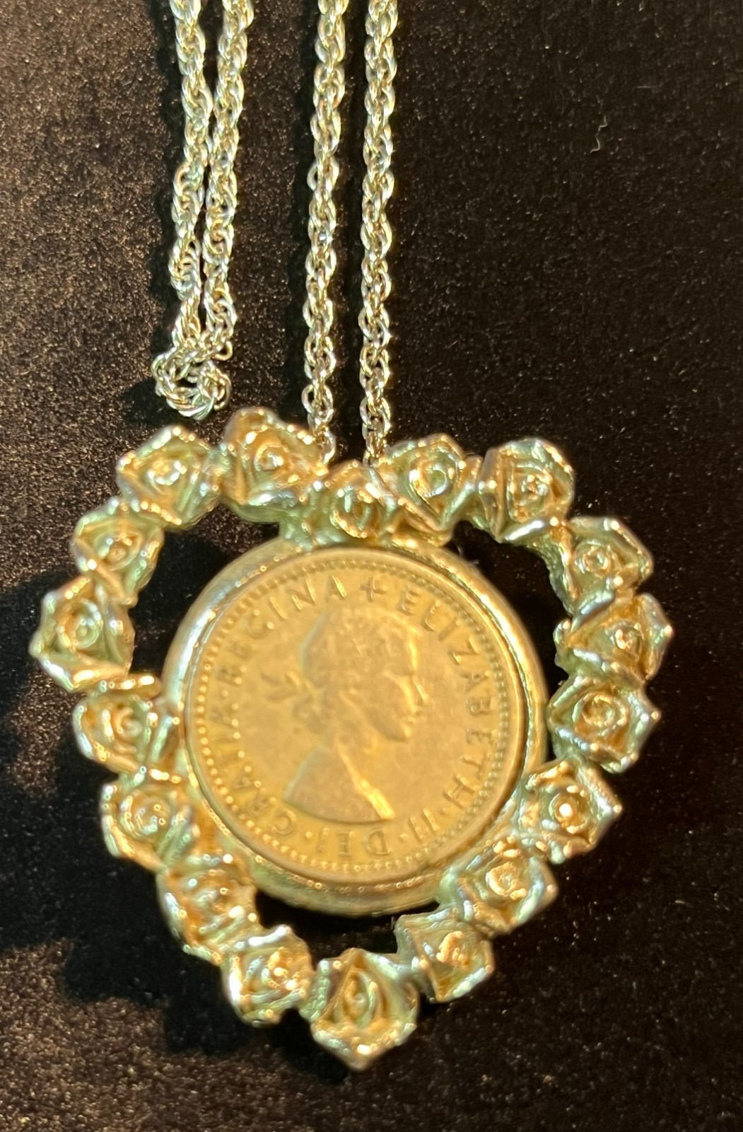 Vintage British Coin Pendant Necklace Queen Elizabeth II 18” 1967