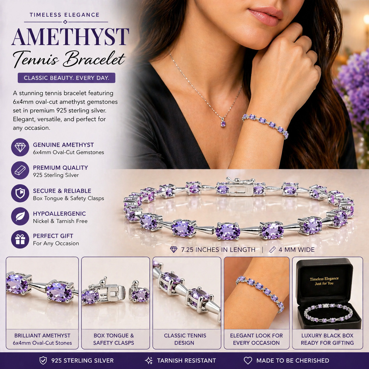 925 Sterling Silver Amethyst Tennis Bracelet 6x4mm Oval 7.25″ Gemstone Purple