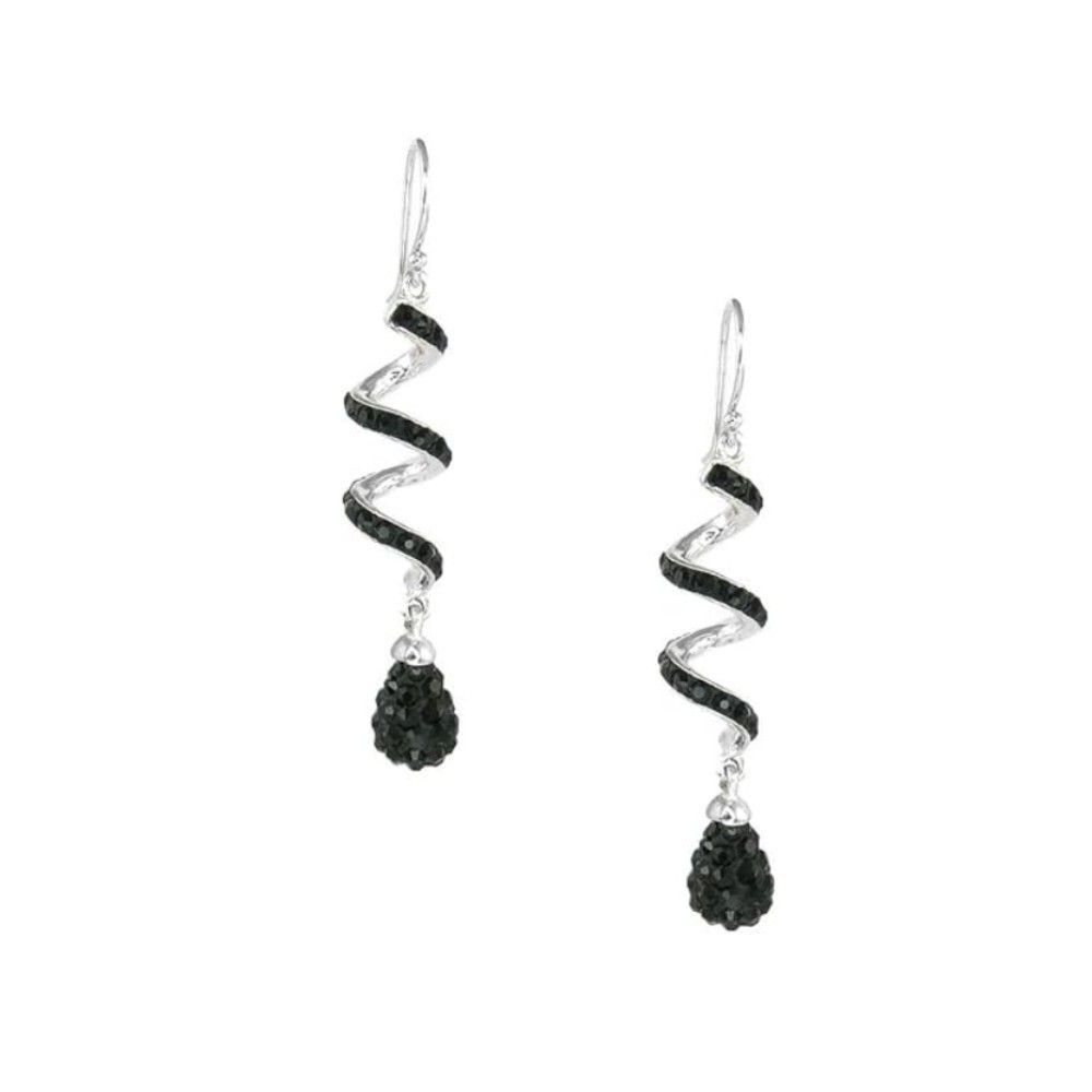 14K White Gold Plated Black Spiral Shape Crystal Drop Dangle Hook Earrings