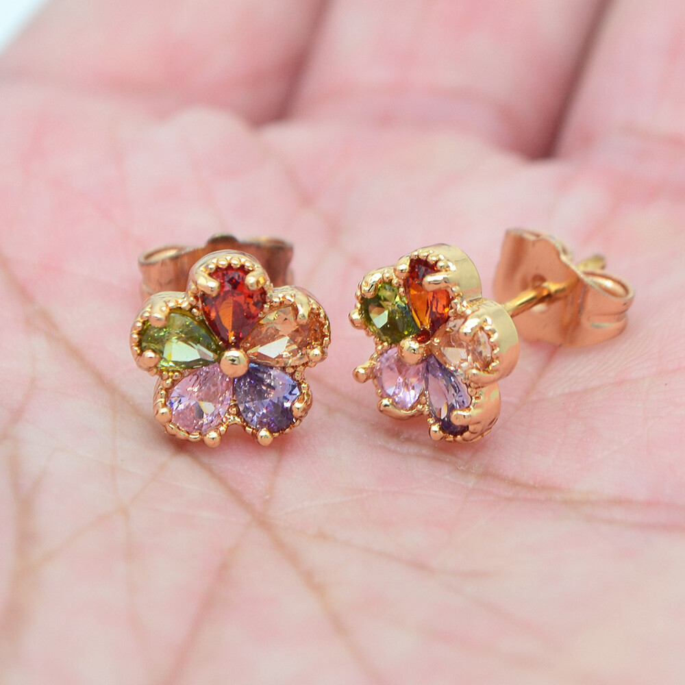 18K Yellow Gold Filled Women Multicolor Topaz Flower Stud Earrings Jewelry