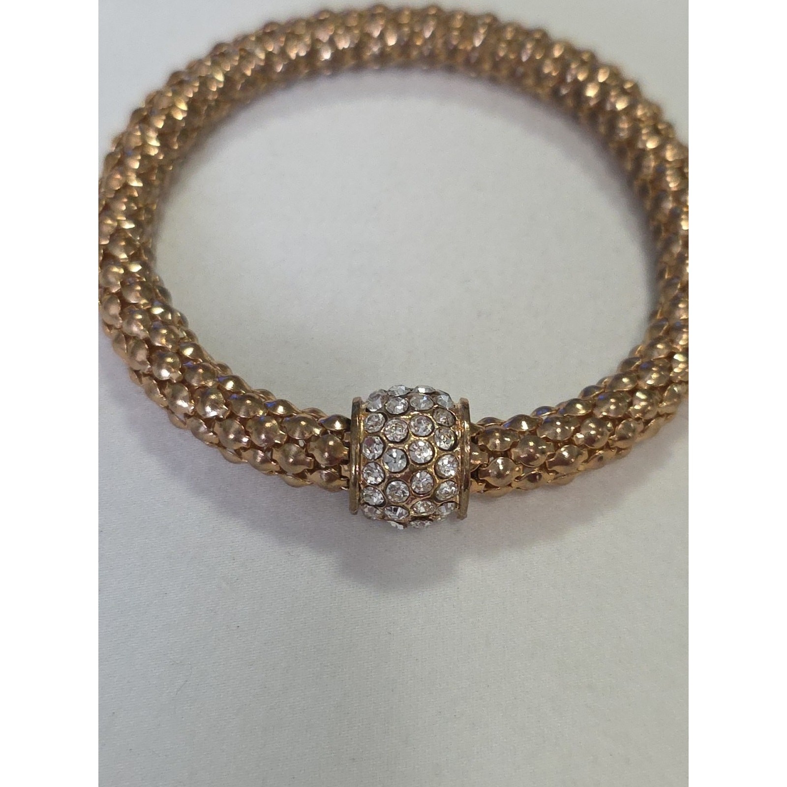 Gold Tone Stretch Bracelet Popcorn Chain Clear Rhinestone Charm Accent Bead