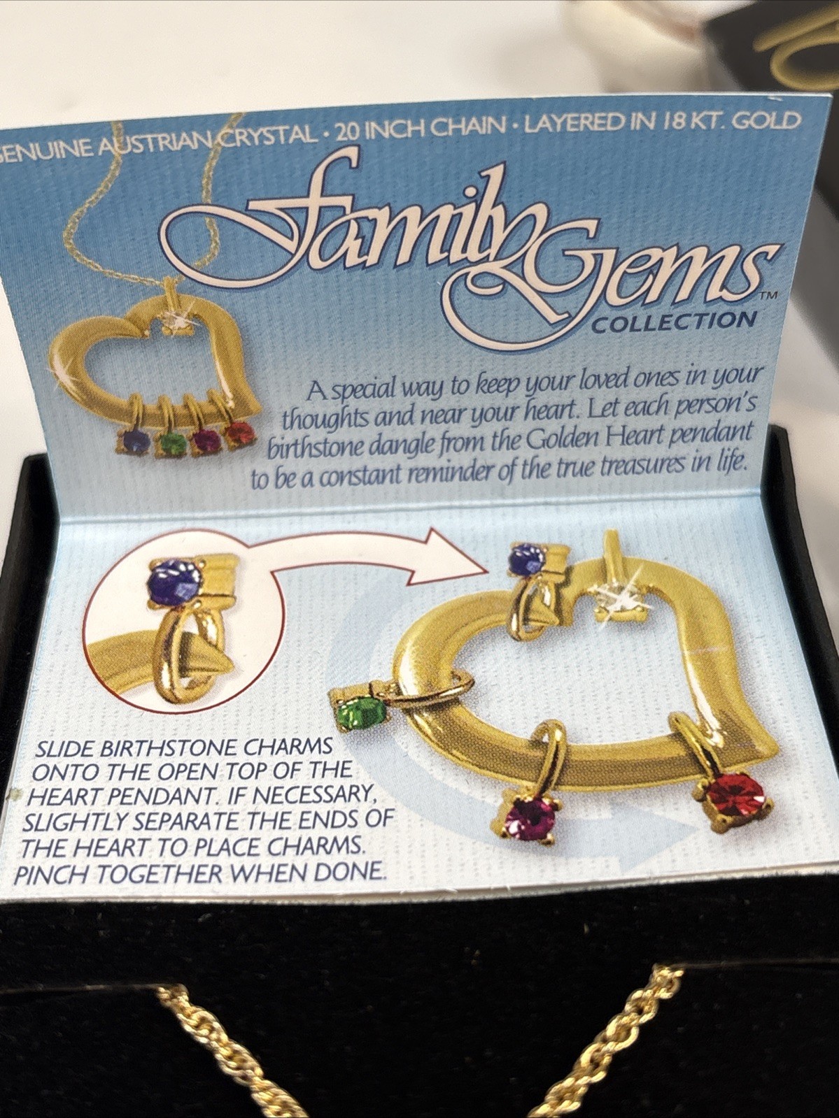 Vintage Family Gems Collection Gold Tone Heart Pendant With Chain NIB