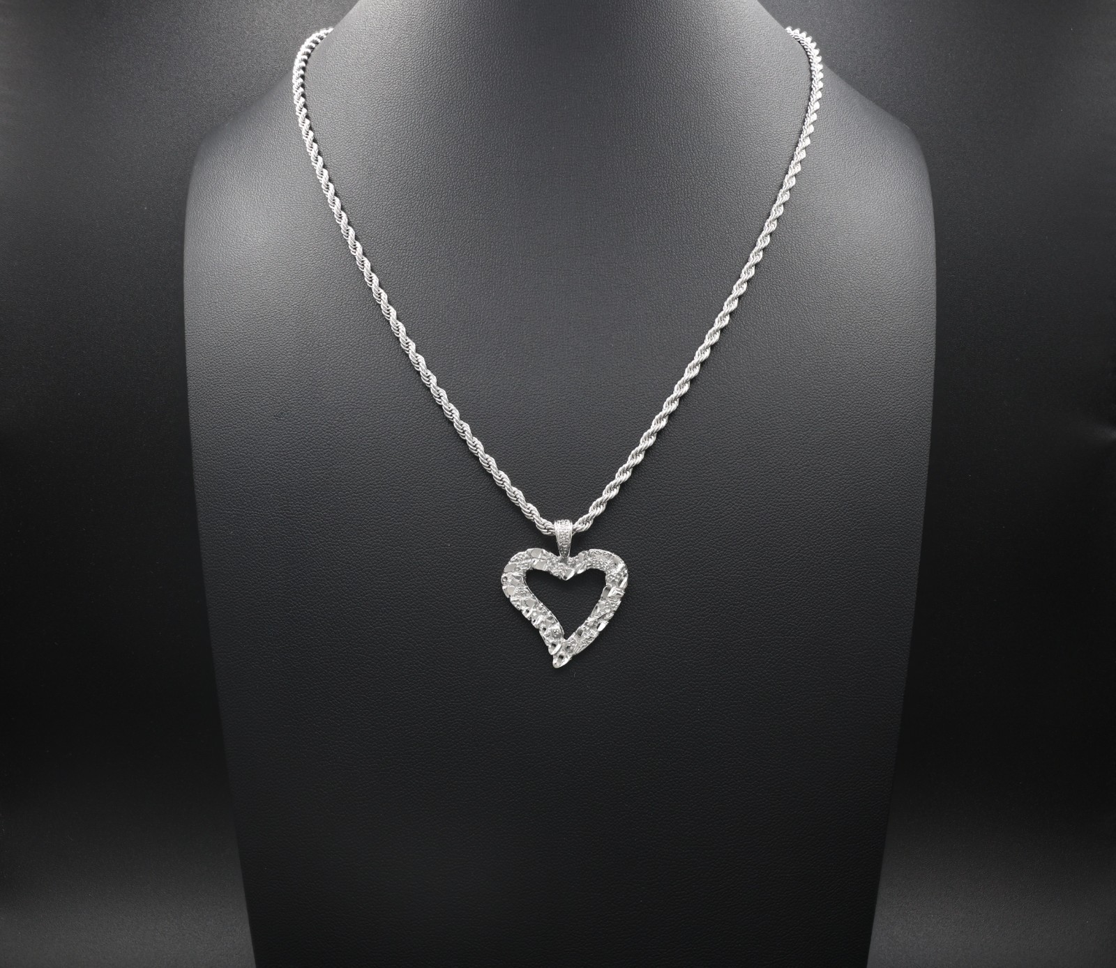 Silver Nugget Heart Necklace: 3mm Fremch Rope Chain, Lifetime Replacement Guaran