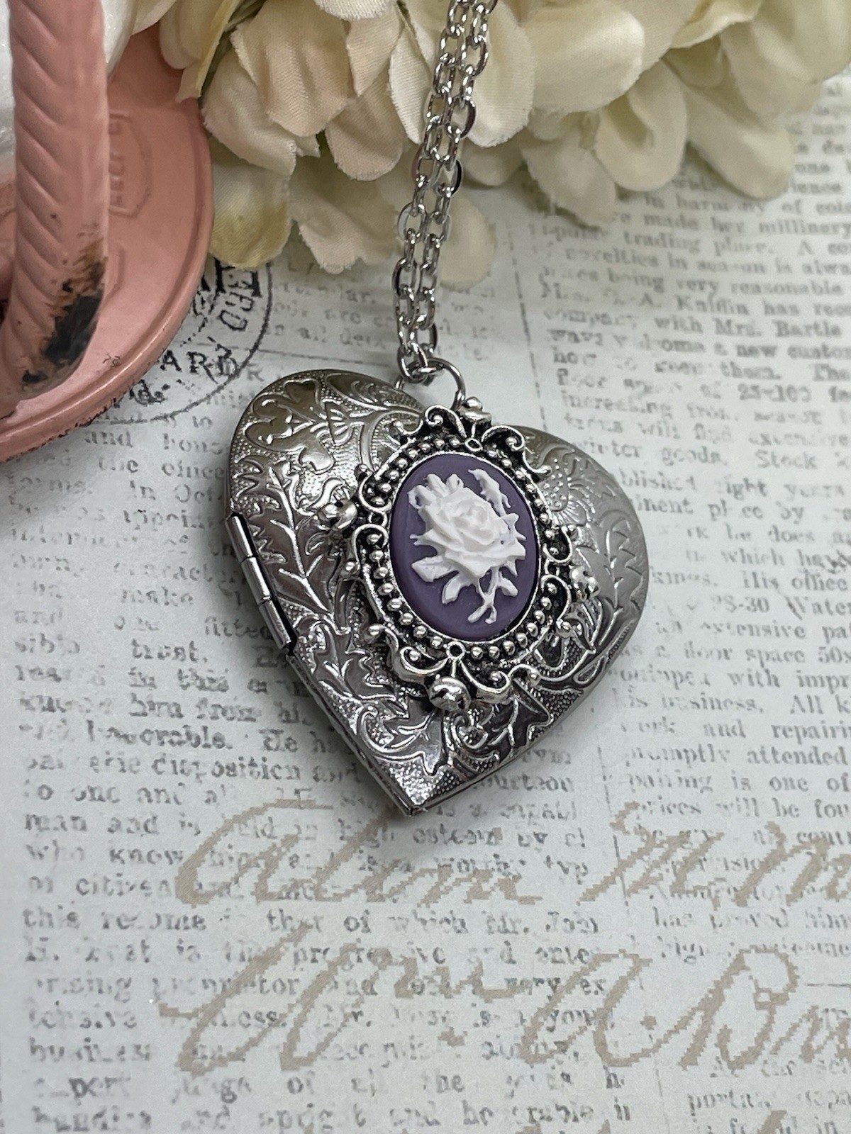 Heart Silver Locket Purple & White Birthday Gift Rose Necklace Photo wedding