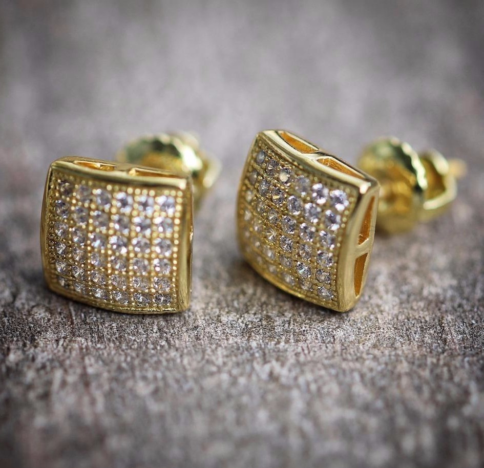 Men’s Gold Plated 925 Sterling Silver Hip Hop Cz Stud Earrings
