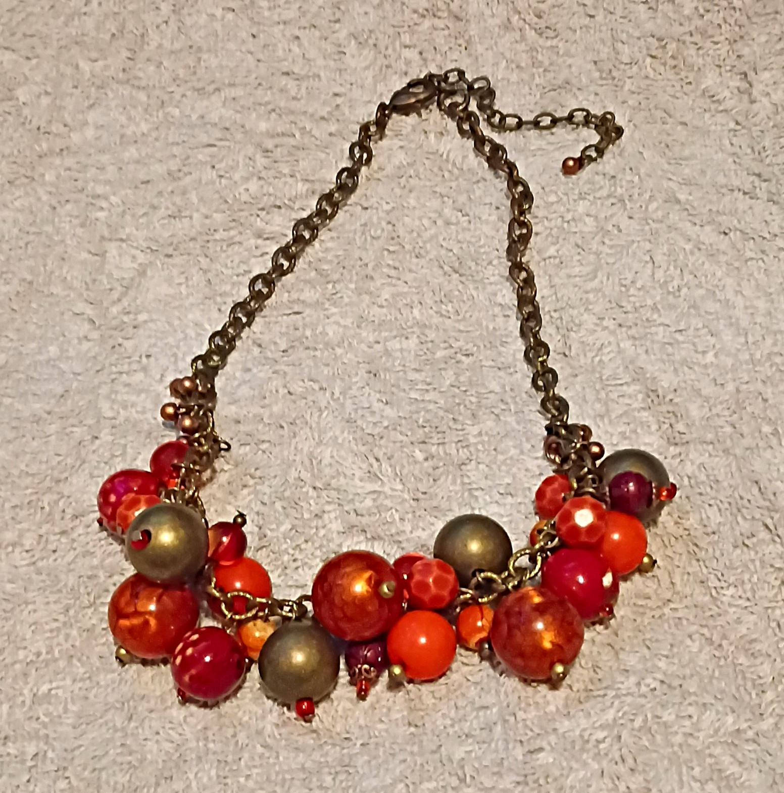 Orange Red Bronze Beaded Statement Necklace, Oval Link Chain, Adjustable