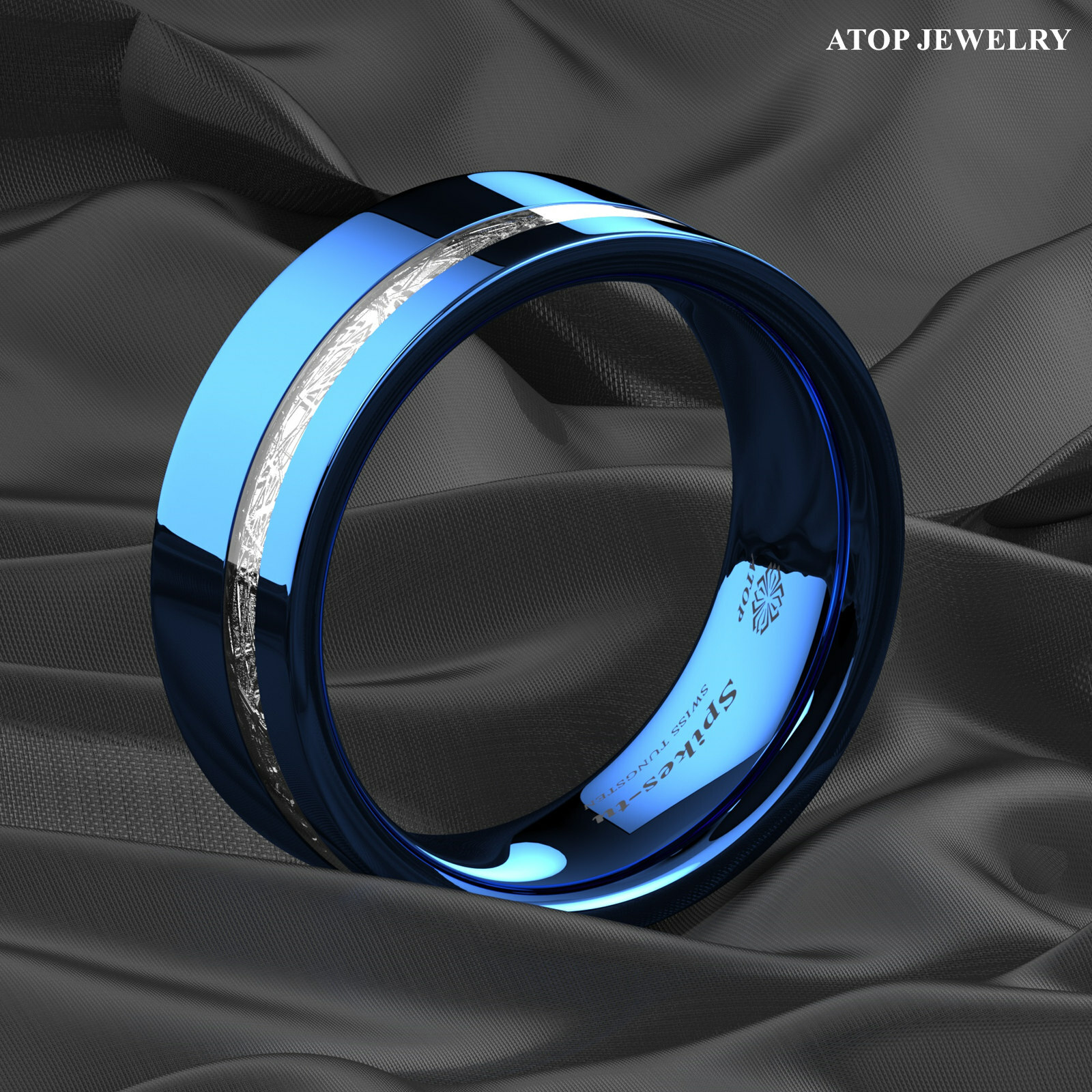 8mm ATOP Blue Tungsten Ring 925 Silver Inlay for Mens Comfort-fit Wedding Band