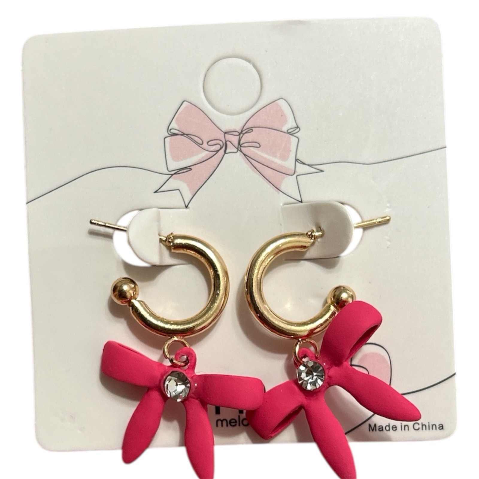 Hoop Earrings with Pink Bow & Rhinestone Charm – Cute Kawaii Fashion Jewelry