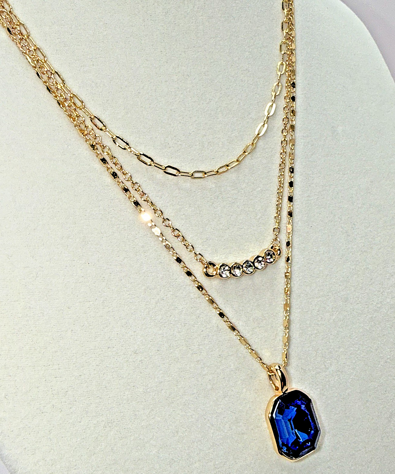LC Lauren Conrad Gold Layered Paperclip Chain Necklace Set Blue Stone Pendant