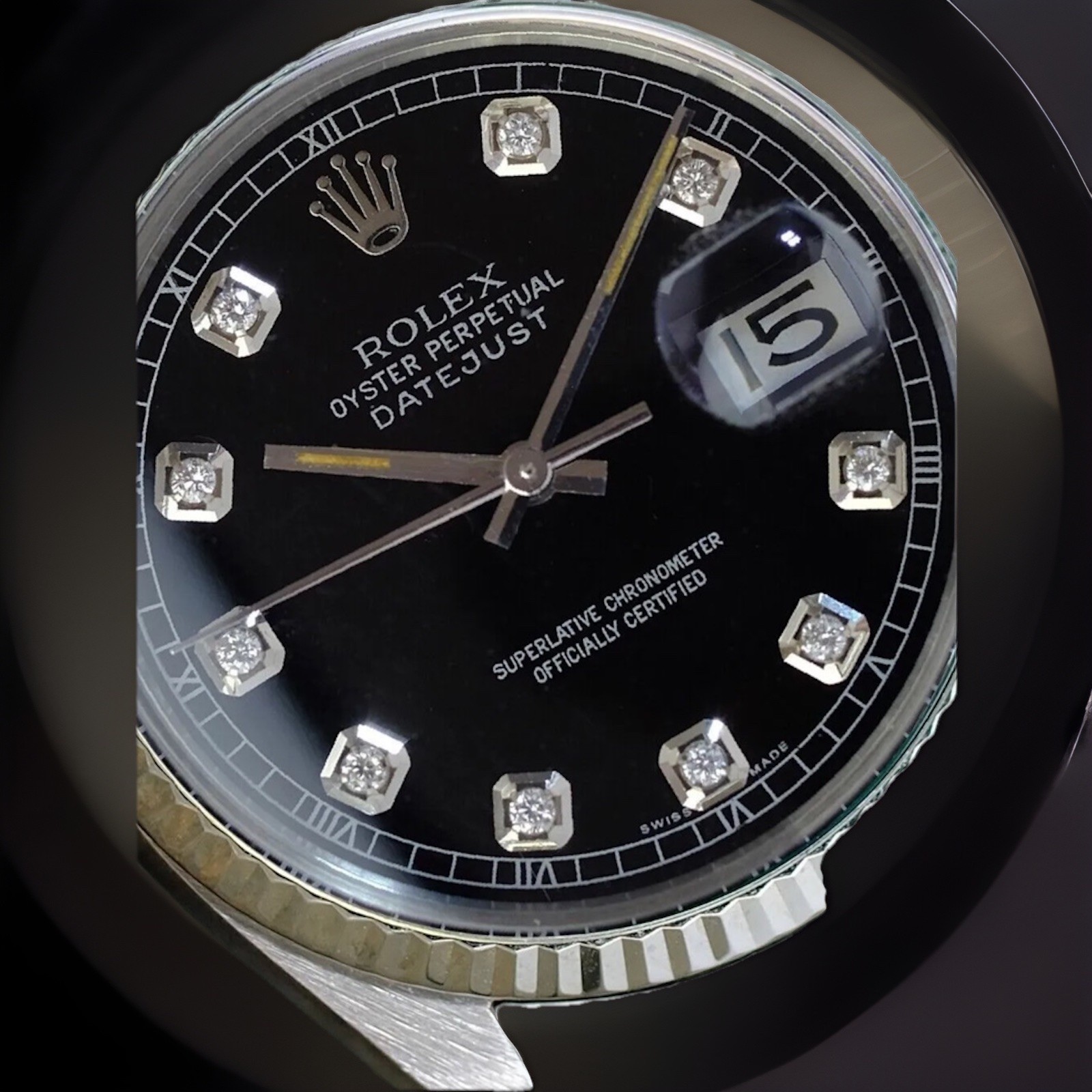 Rolex Datejust Automatic Chronometer Black Dial Diamond Fluted Bezel Date