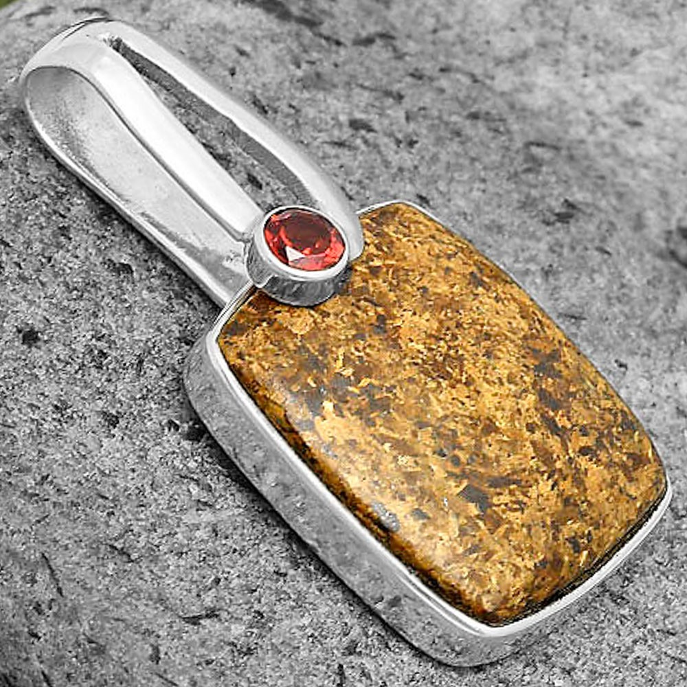 Natural Bronzite & Garnet 925 Sterling Silver Pendant Jewelry P-1606
